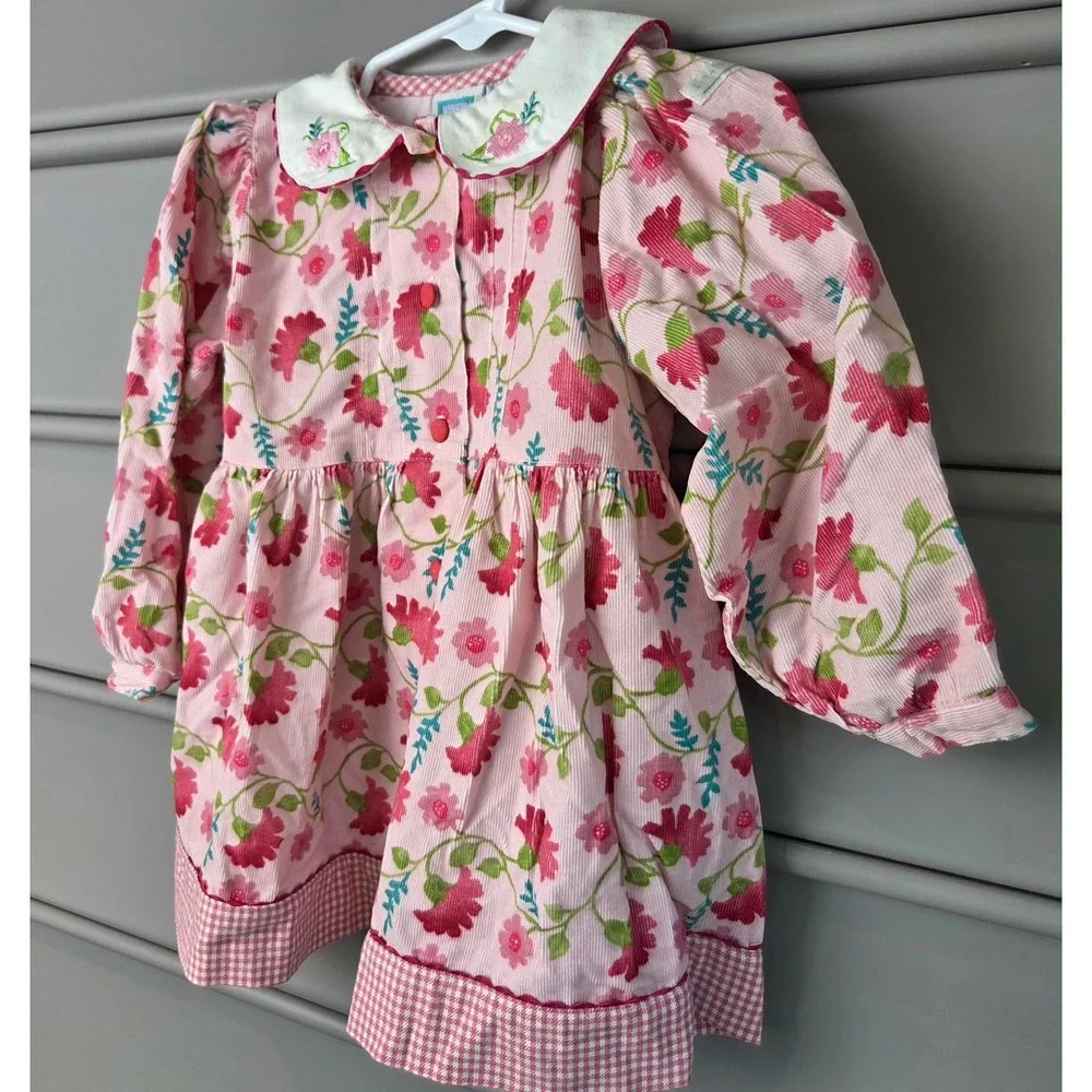 Little Me Vintage Pink Floral Corduroy Dress Peter Pan Collar Girls 18M Cotton